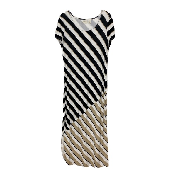 WOMEN'S CHICO'S ZENERGY BLACK WHITE TAN STRIPED SHORT SLEEVE MAXI DRESS SIZE 0 - Picture 1 of 6